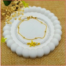 BijuStore Beyaz Boncuk & Nazar Boncuğu Deniz Yıldızı Kadın Halhal