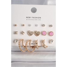 Callerrons Accessories Pirinç Gold Renk Zirkon Taşlı Burug Halka Model Işlemeli Kalp Detay 9 Çift Kadın Küpe Seti - EBJ250207W31224