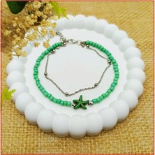 BijuStore Yeşil Boncuk & Turkuaz Doğal Taş Yıldız Kadın Halhal