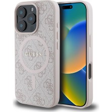 Guess Apple iPhone 16 Pro Max Lisanslı Halkalı Magsafe Şarj Özellikli 4g Desenli Yazı Logolu Kapak Pembe