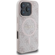 Guess Apple iPhone 16 Pro Max Lisanslı Halkalı Magsafe Şarj Özellikli 4g Desenli Yazı Logolu Kapak Pembe