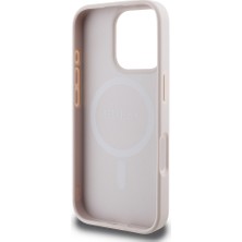 Guess Apple iPhone 16 Pro Max Lisanslı Halkalı Magsafe Şarj Özellikli 4g Desenli Yazı Logolu Kapak Pembe