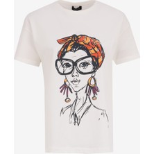 Fabrika Bisiklet Yaka Baskılı Kırık Beyaz Kadın T-Shirt F5SL-TST0282