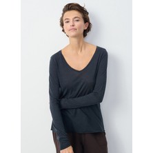 American Vintage V Yaka Düz Lacivert Kadın T-Shirt JAC52E25_NAVY