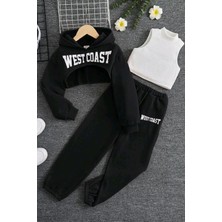 Kız Çocuk Kolsuz Bluz West Coast Baskı Kapüşonlu Crop Kaşkorse 3'lü Siyah Eşofman Takım
