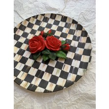 Unique Florya Güllü Damalı Mackenzie Duvar Tabağı Duvar Süsü 3D Boyutlu Kırmızı Gül Demeti El Yapımı