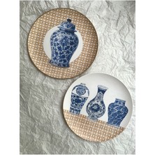 Doğal Rafya Bohem Rattan Hazeran Blue Blanc Duvar Tabağı Bahçe Balkon Mutfak Salon Duvar Süsü
