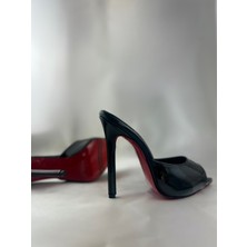 Hayy Shoes Hayyshoes Siyah Rugan  Deri Astarlı Kaplama Topuk Aynalı Jürdan Topuklu Terlik
