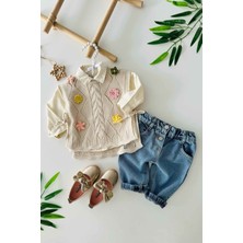 Miniğimin Cicileri Lüx Çiçek Detaylı Triko 3 Parça Kız bebe takım - Bej