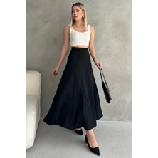 NO979 Siyah Puf Scuba Kadın Kloş Etek Beli Lastikli