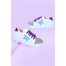 Mech Butik Kız Çocuk Beyaz Spor Ayakkabısı Yıldızlı Gümüş/altın Pullu Renkli Bağcıklı Sneaker