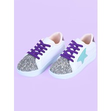 Mech Butik Kız Çocuk Beyaz Spor Ayakkabısı Yıldızlı Gümüş/altın Pullu Renkli Bağcıklı Sneaker
