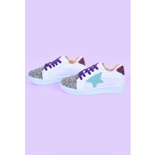 Mech Butik Kız Çocuk Beyaz Spor Ayakkabısı Yıldızlı Gümüş/altın Pullu Renkli Bağcıklı Sneaker