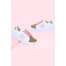 Mech Butik Kız Çocuk Beyaz Spor Ayakkabısı Yıldızlı Gümüş/altın Pullu Renkli Bağcıklı Sneaker
