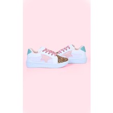 Mech Butik Kız Çocuk Beyaz Spor Ayakkabısı Yıldızlı Gümüş/altın Pullu Renkli Bağcıklı Sneaker