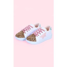 Mech Butik Kız Çocuk Beyaz Spor Ayakkabısı Yıldızlı Gümüş/altın Pullu Renkli Bağcıklı Sneaker