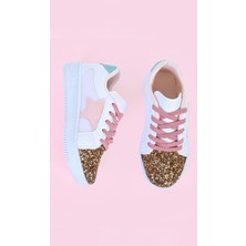 Mech Butik Kız Çocuk Beyaz Spor Ayakkabısı Yıldızlı Gümüş/altın Pullu Renkli Bağcıklı Sneaker