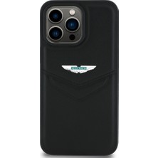 iPhone 15 Pro Max Kılıf Aston Martin Orjinal Lisanslı Victory Dizayn Deri Metal Logolu Kapak Siyah