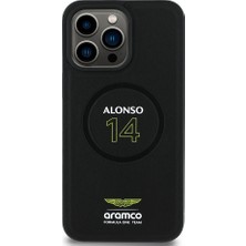 iPhone 15 Pro Max Kılıf Aston Martin Lisanslı Magsafe Uyumlu Pu Deri Alonso 14 Baskılı Kapak Siyah