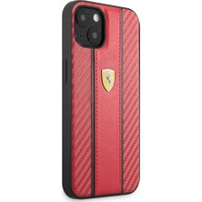 iPhone 13 Kılıf Ferrari Orjinal Lisanslı Pu Deri ve Karbon Dizayn Kapak Kırmızı