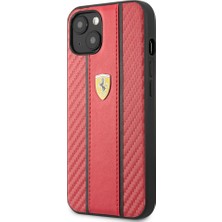 iPhone 13 Kılıf Ferrari Orjinal Lisanslı Pu Deri ve Karbon Dizayn Kapak Kırmızı