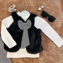 Kız Çocuk Peluş Yelekli Fiyonk Detaylı Takım 3'lü(Kareli Pantolonlu)