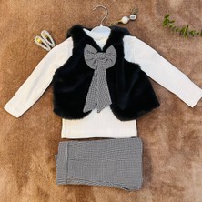 Kız Çocuk Peluş Yelekli Fiyonk Detaylı Takım 3'lü(Kareli Pantolonlu)
