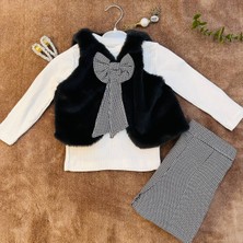 Kız Çocuk Peluş Yelekli Fiyonk Detaylı Takım 3'lü(Kareli Pantolonlu)