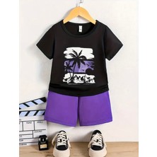 Kids Face Özel Tasarım Deniz Kum Palmiye Baskılı Modern Erkek Çocuk T-Shırt Şort Takımı