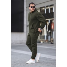 Erkek Haki 3 Iplik Şardonlu Alt Üst Spor Eşofman Takımı Içi Polar Oversize Beden Lastikli Paça