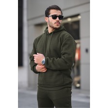 Erkek Haki 3 Iplik Şardonlu Alt Üst Spor Eşofman Takımı Içi Polar Oversize Beden Lastikli Paça