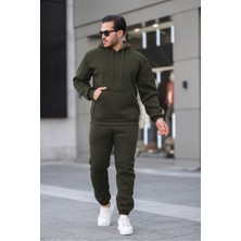 Erkek Haki 3 Iplik Şardonlu Alt Üst Spor Eşofman Takımı Içi Polar Oversize Beden Lastikli Paça