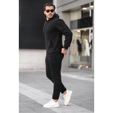 Erkek Siyah 3 Iplik Şardonlu Alt Üst Spor Eşofman Takımı Içi Polar Oversize Beden Lastikli Paça