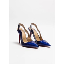 Hayy Shoes Arcturus – Mavi Aynalı Rugan Stiletto  Deri Astarlı Arkası Açık Love Topuklu Ayakkabı