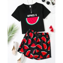 Kids Face Özel Tasarım Karpuz Zamanı Baskılı Ter Tutmayan Kız Çocuk T-Shırt Bermuda Şort Takımı