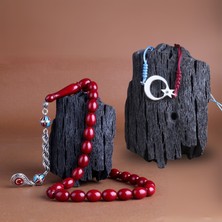 925 Ayar Gümüş Püsküllü Bordo Mavi Ateş Kehribar Ayyıldız Bileklik Kombini