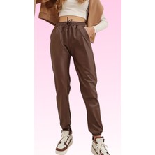 Boom Bester Boombester Kadın Şardonlu Deri Jogger Pantolon-Bağcıklı Beli Lastikli