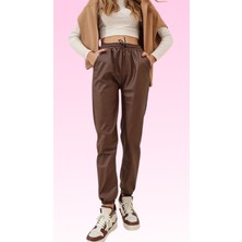 Boom Bester Boombester Kadın Şardonlu Deri Jogger Pantolon-Bağcıklı Beli Lastikli