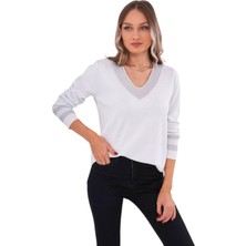 Kadın V Yaka Kol Yaka Simli Kazak 12785 BGL-ST04223