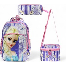 Ilkokul Çantası 3'lü Takım Beslenme Çantası Kalemlik 42*30 cm Kızçocuk Okul Çantası Karlar Kraliçesi