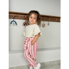 Fırfır Kollu Bluz, Çizgi Desenli Kendinden Kemerli Pantolon, Bandana 3'lü kız çocuk takım