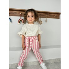 Fırfır Kollu Bluz, Çizgi Desenli Kendinden Kemerli Pantolon, Bandana 3'lü kız çocuk takım