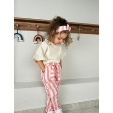 Fırfır Kollu Bluz, Çizgi Desenli Kendinden Kemerli Pantolon, Bandana 3'lü kız çocuk takım