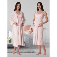 Effortt Dvina Lohusa Beyaz Çizgili Sabahlıklı Gecelik Pembe - 9035