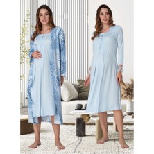 Effortt Dvina Lohusa Desenli Sabahlıklı Gecelik Mavi - 9045