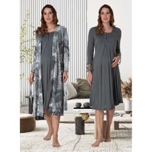 Effortt Dvina Lohusa Desenli Sabahlıklı Gecelik Füme - 9045