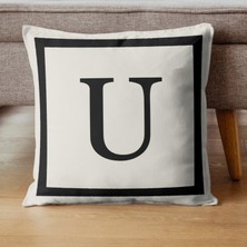 Perdeyap Harfli Kırlent Kılıfı - U Harfi - Hediyelik Dekoratif Kırlent Yastık Kılıfı 43  x  43  cm  Krem-Siyah