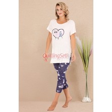 Quilling Lacivert - Beyaz Renk ve Desenli Pamuklu Kadınların Tercihi Lady 12069 Kapri ve Taytlı Pijama Takımı