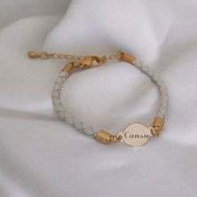 Archin Kadınlar İçin İsme Özel 14  Ayar Altın Plakalı  Örgülü Beyaz Deri Bileklik