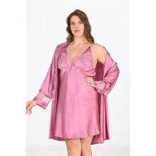 MOTTO10 Butik Büyük Beden 2li Gülkurusu Sabahlık Takımı Bigsize 6204